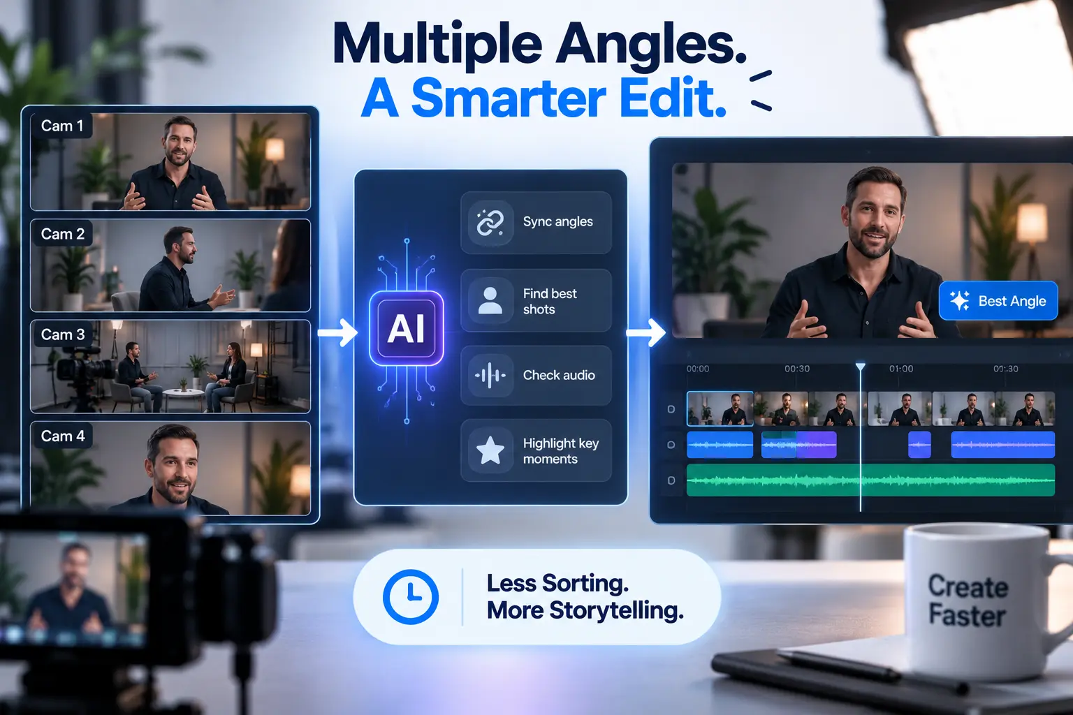 AI-assisted multicam editing with synced angles, shot selection, and audio review.