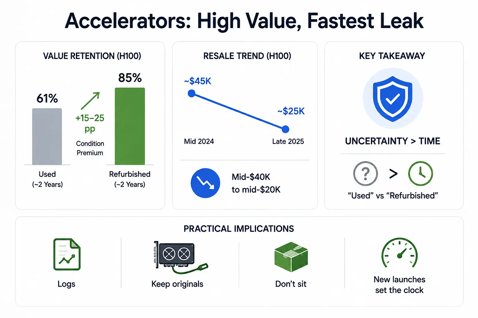 H100 GPU resale value, refurbishment premium, and depreciation trends.