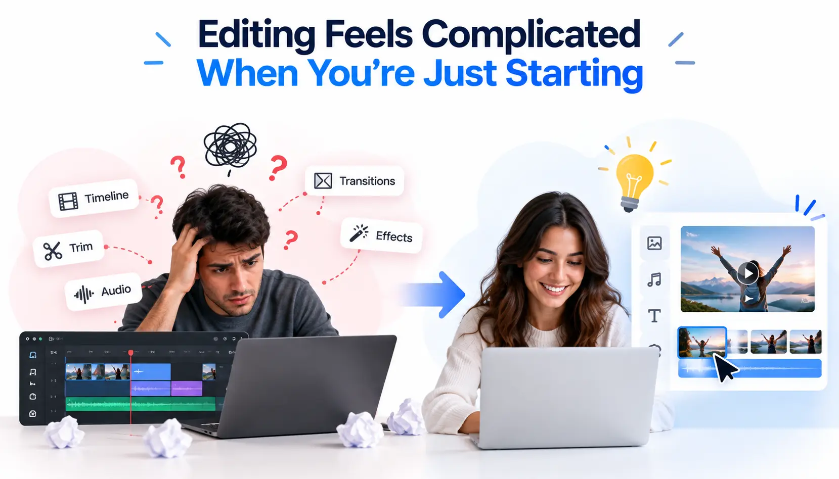 Beginner video editing challenges compared with a simpler, user-friendly editing workflow.