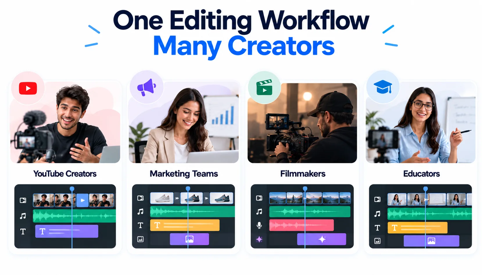 Multi-track video editing for YouTube creators, marketing teams, filmmakers, and educators.