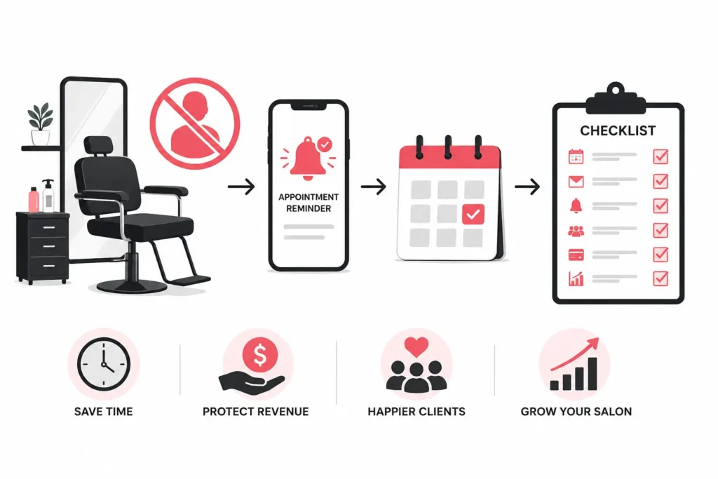 Salon booking software infographic showing an empty salon chair, appointment reminders, calendar scheduling, and a checklist, highlighting benefits such as fewer no-shows, saved time, protected revenue, happier clients, and salon growth.
