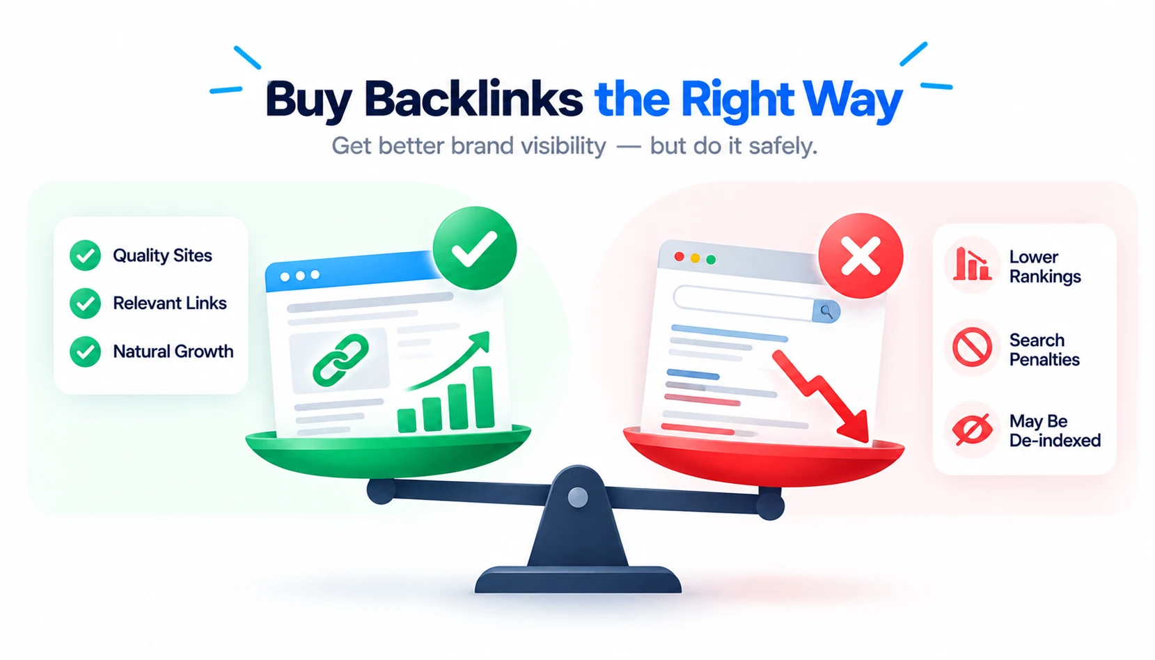 Backlink best practices highlighting quality links, relevant websites, and the risks of ranking penalties.