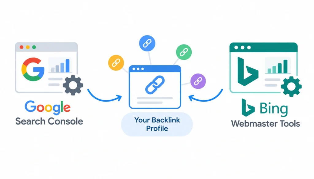 Infographic showing Google Search Console and Bing Webmaster Tools helping users view their backlink profile, with link icons and arrows connecting both tools to a central backlink profile dashboard.