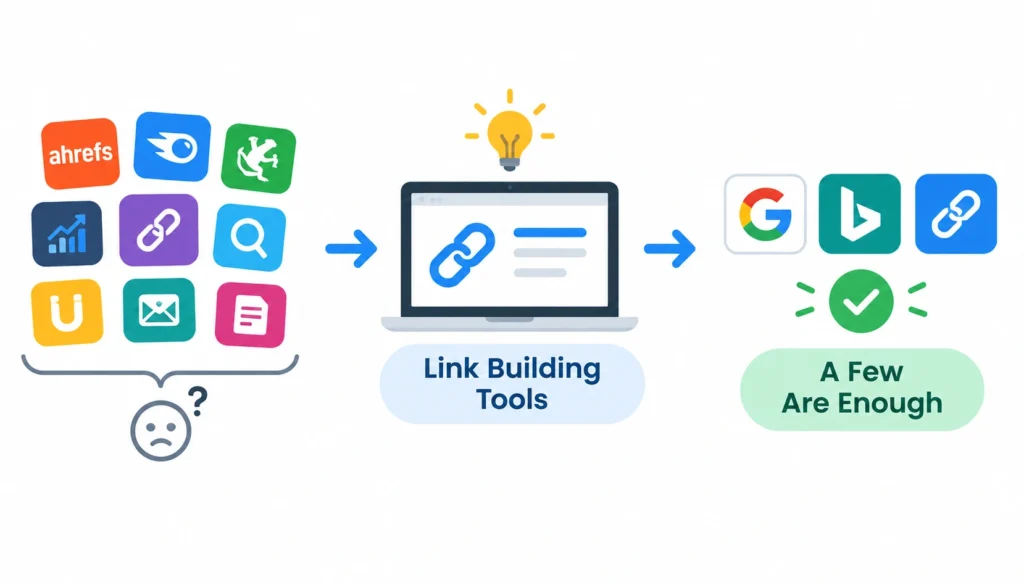 Infographic showing that only a few link-building tools are needed, with multiple SEO tool icons narrowing down to essential tools and a green checkmark.