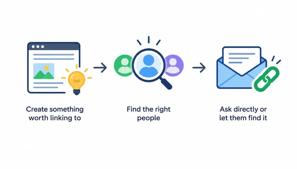 White hat link building process showing three steps: create valuable content, find relevant people, and earn backlinks through genuine outreach.