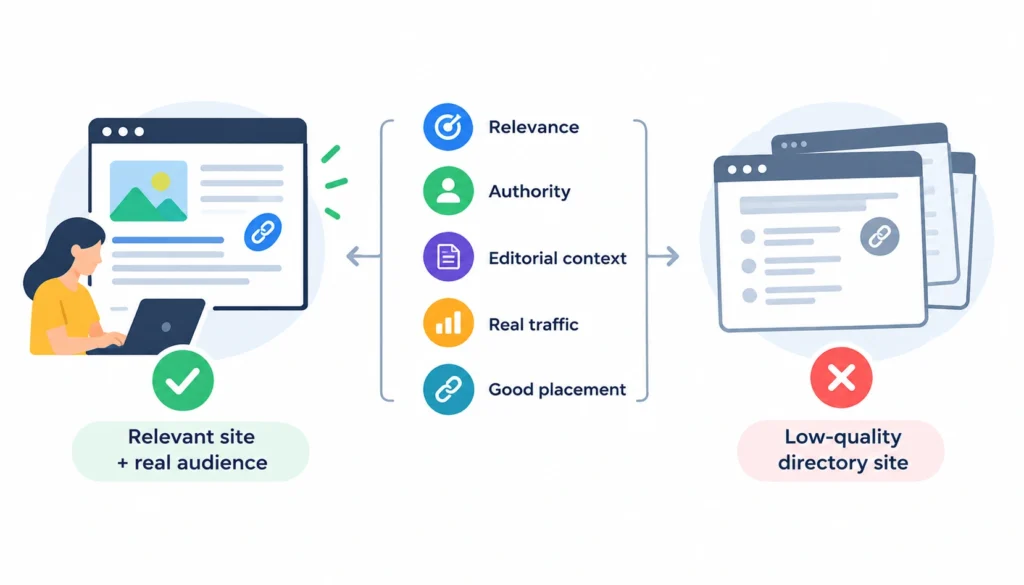 Infographic comparing high-quality and low-quality backlinks, highlighting relevance, authority, editorial context, real traffic, and good link placement.