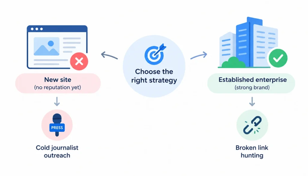 Infographic showing how to choose white hat link-building strategies based on business stage, comparing new websites with established enterprises.