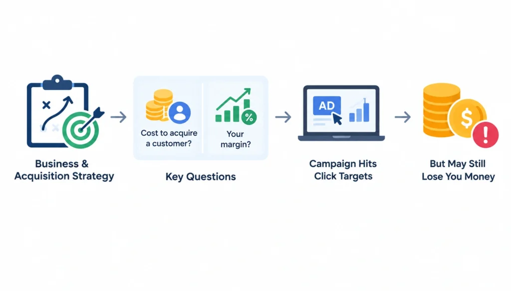 Business and acquisition strategy infographic showing customer acquisition cost, profit margin, ad campaign click targets, and the risk of losing money.