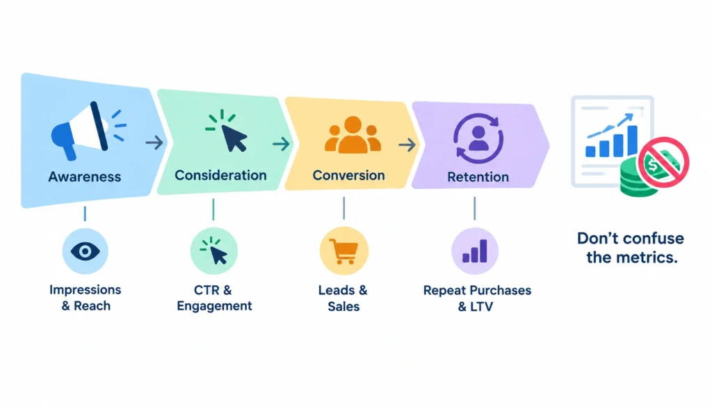 Performance marketing funnel showing Awareness, Consideration, Conversion, and Retention stages with key metrics, emphasizing that metrics should not be confused.