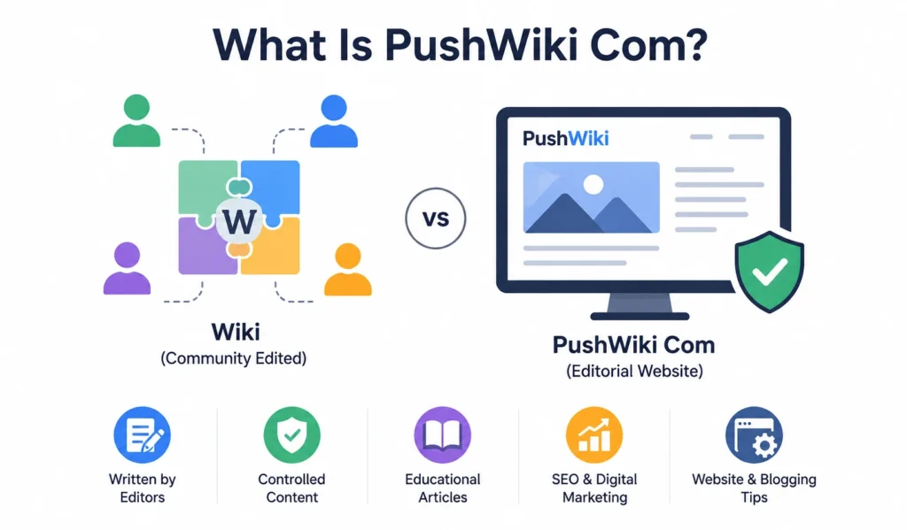 PushWiki Com for beginners learning blogging, SEO, and website basics with a laptop and educational icons.
