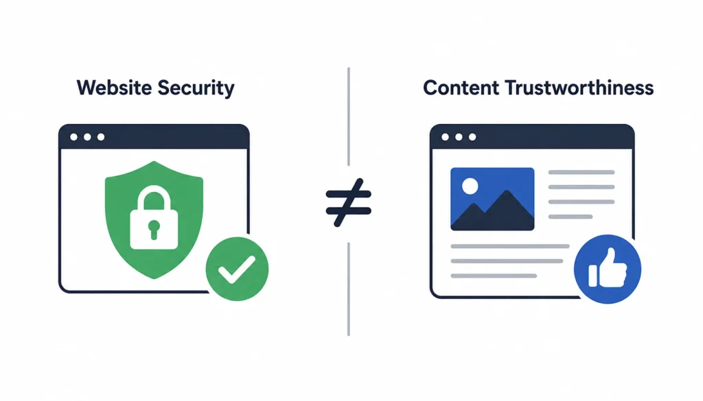 Website security and content trustworthiness shown as separate concepts, with security and trusted content icons.