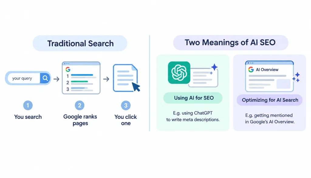 AI SEO infographic showing traditional search alongside two meanings of AI SEO: using AI tools for SEO tasks and optimizing content for AI-powered search results such as Google AI Overviews.
