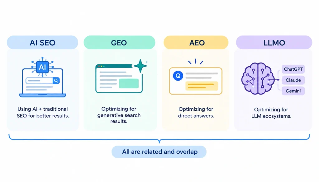 AI SEO comparison infographic showing AI SEO, GEO, AEO, and LLMO as related concepts, with icons illustrating AI-assisted SEO, generative search optimization, direct-answer optimization, and optimization for large language model ecosystems.