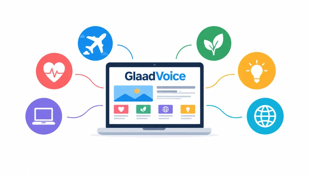 GlaadVoice online publication shown on a laptop with icons representing diverse general-interest topics such as health, travel, technology, nature, and global news.