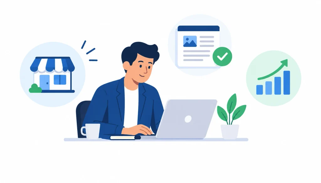 Illustration of a small business owner working on a laptop with icons representing a storefront, content approval, and business growth.