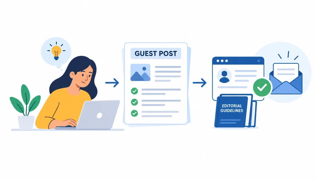 Illustration of a writer preparing a guest post, reviewing editorial guidelines, and submitting an article for editorial approval.