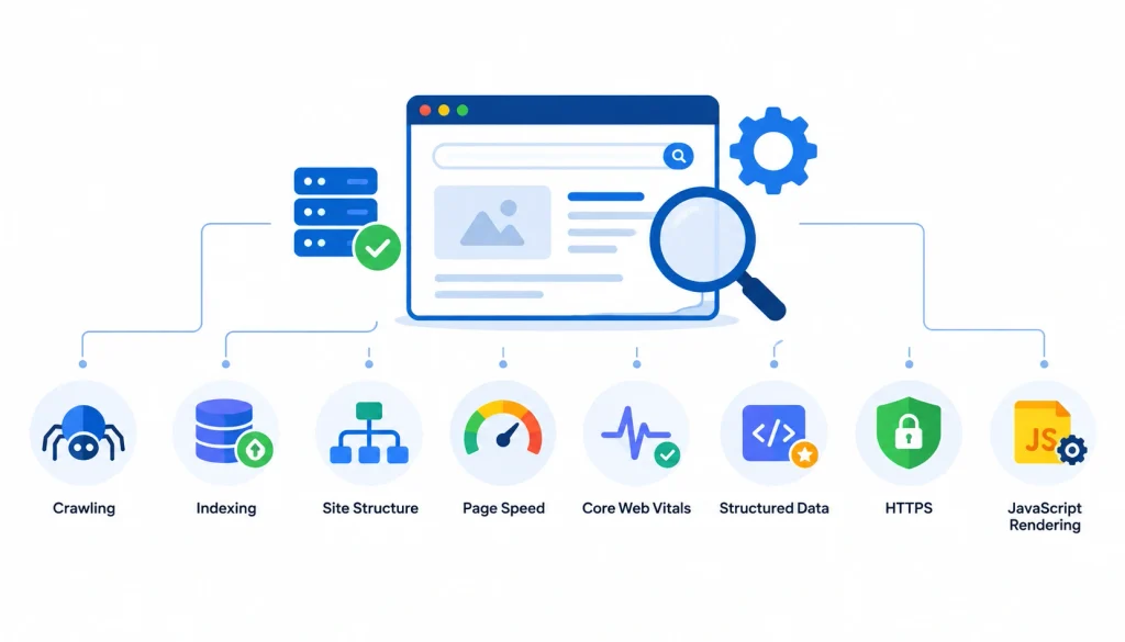 Technical SEO infographic showing crawling, indexing, site structure, page speed, Core Web Vitals, structured data, HTTPS, and JavaScript rendering.