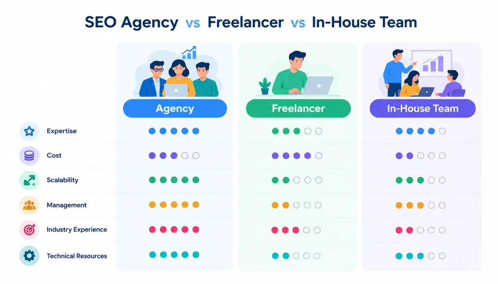 Infographic comparing an SEO agency, freelancer, and in-house team across expertise, cost, scalability, management, industry experience, and technical resources.