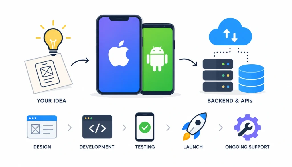 Diagram illustrating the app development lifecycle, from initial idea, iOS and Android platforms, and backend integration, to design, development, testing, launch, and ongoing support