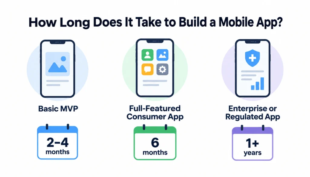 Infographic showing development timelines for mobile apps: 2 to 4 months for a Basic MVP, 6 months for a Full-Featured Consumer App, and 1+ years for an Enterprise or Regulated App.