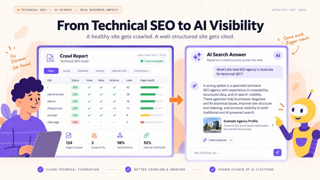 Split visual comparing a technical SEO audit report with an AI-generated answer citing a business, showing the AEO audit layer sitting above technical SEO.