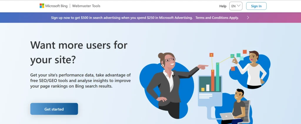 Home page of Bing Webmaster Tools
