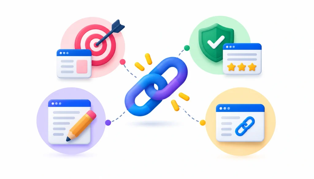 Backlink quality evaluation showing relevance, trustworthiness, editorial context, and anchor text through connected web and link icons.
