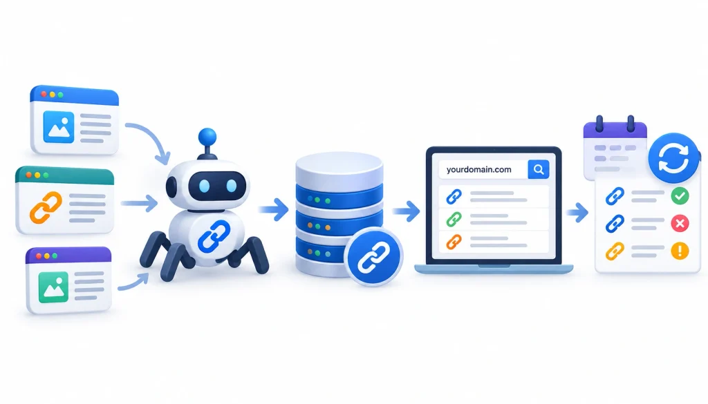 Backlink management workflow showing web crawlers collecting link data, storing backlinks in a database, analyzing a domain’s backlink profile, and monitoring link status changes over time.