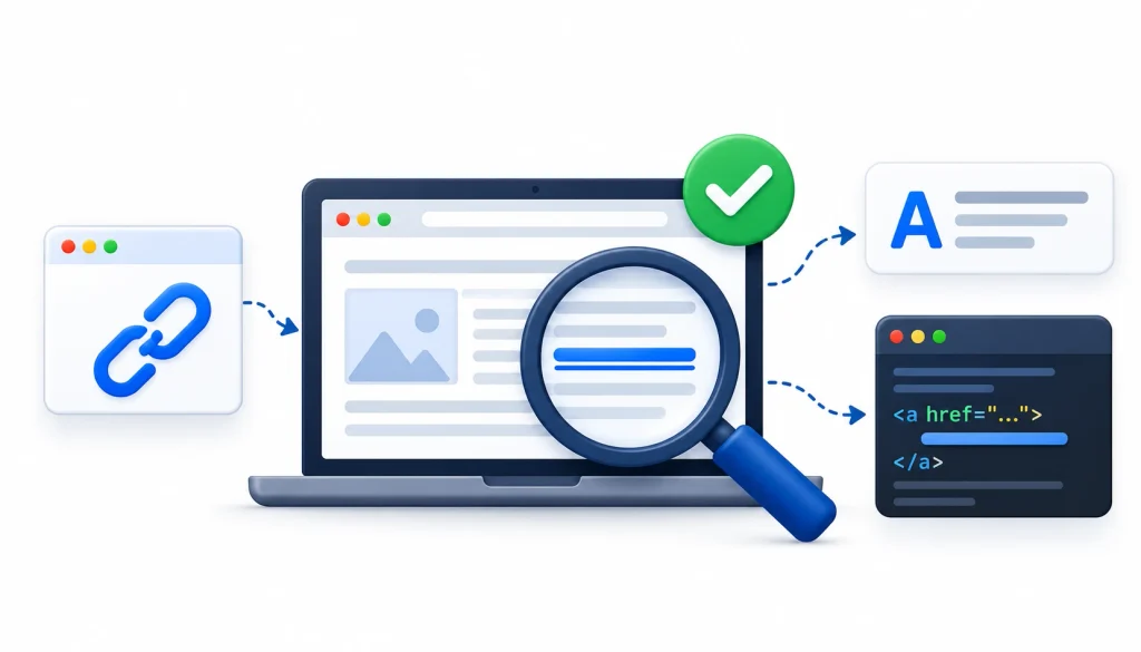 Manually verifying backlinks by checking link presence, anchor text, destination URL, and HTML source code in a browser.
