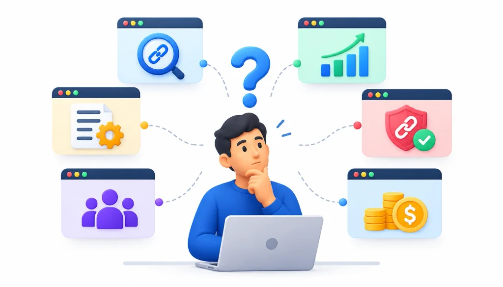 Choosing the right backlink management software with icons representing backlink research, SEO analytics, link quality monitoring, team collaboration, software features, and pricing.
