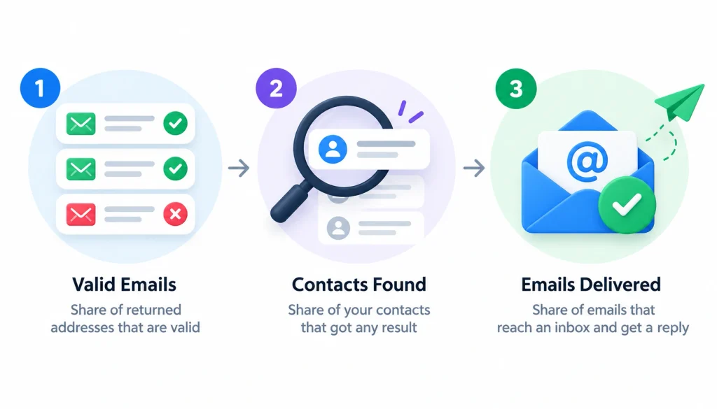  Email finder accuracy infographic illustrating three metrics: valid email addresses, contacts found, and emails successfully delivered to inboxes.
