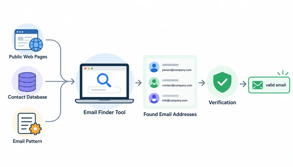 Email finder tool infographic showing how public web pages, contact databases, and email patterns help discover email addresses, followed by verification to identify valid emails.
