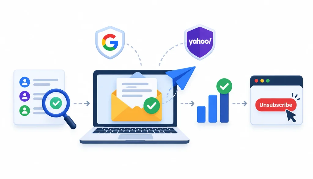 Email outreach compliance illustration showing verified contact lists, Google and Yahoo sender guidelines, email performance tracking, and an unsubscribe option.