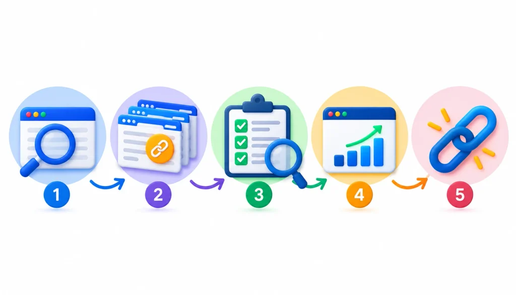 Backlink research process shown as a five-step workflow with search, link analysis, checklist review, analytics, and link-building icons.