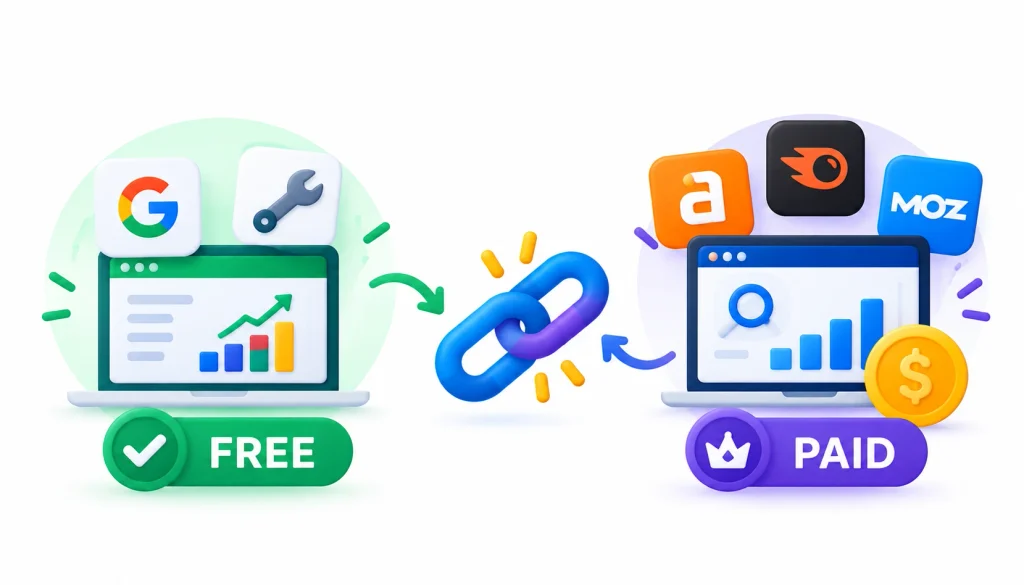 Free versus paid backlink research tools, showing free site analytics on one side and premium SEO tools with advanced backlink data on the other.