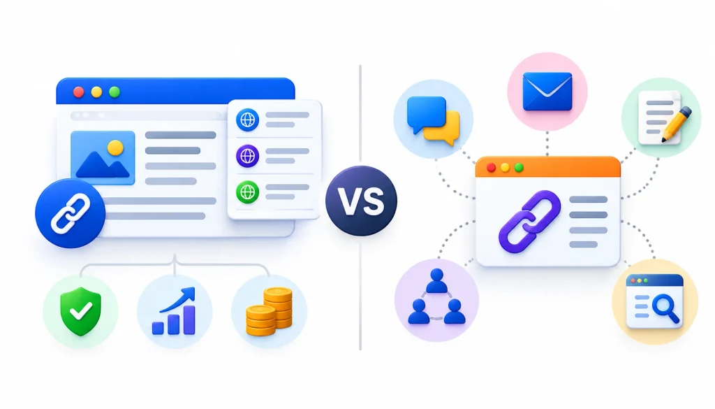 Guest post marketplaces vs. other link-building methods, comparing paid backlink placements with outreach, email networking, content creation, and organic link-building strategies.