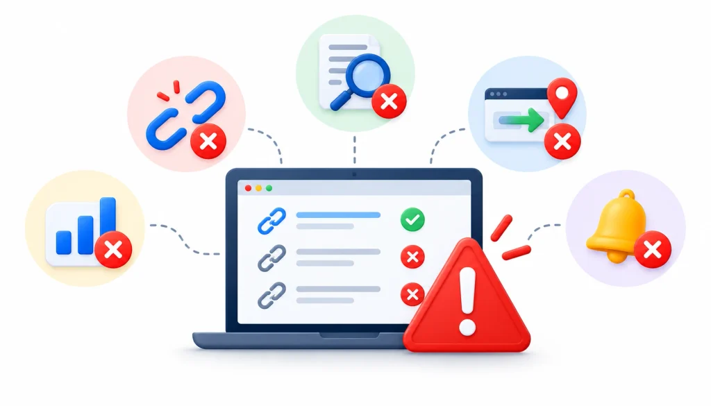 Common link monitoring mistakes, including broken backlinks, incorrect destination URLs, missed alerts, and failure to track backlink performance.
