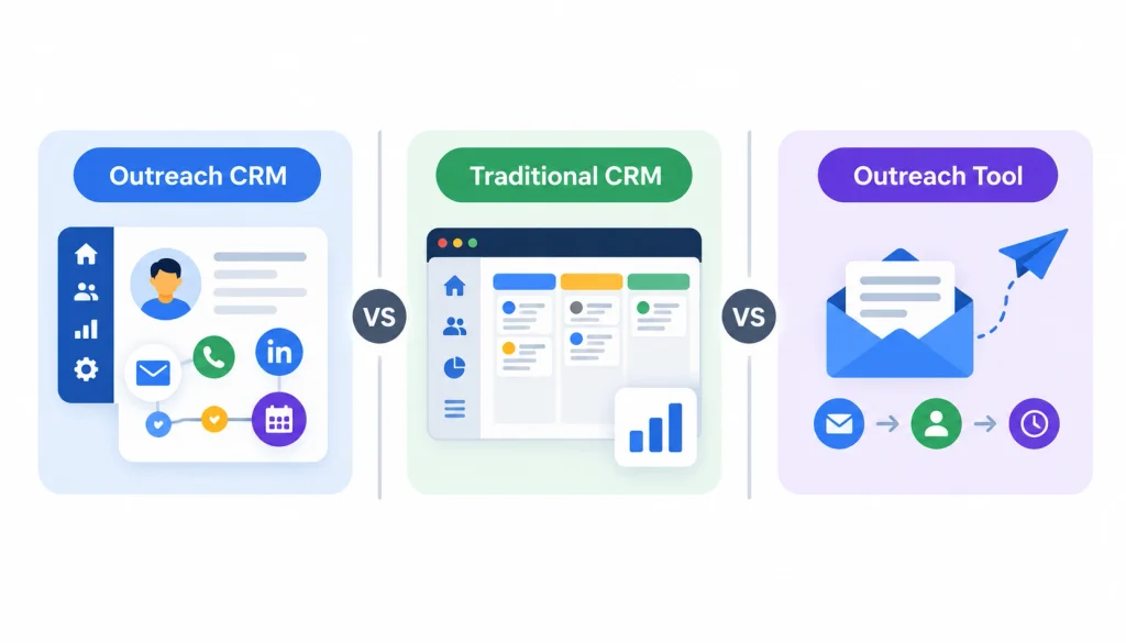 Outreach CRM vs. traditional CRM vs. outreach tools, comparing contact management, sales pipelines, and automated email outreach.