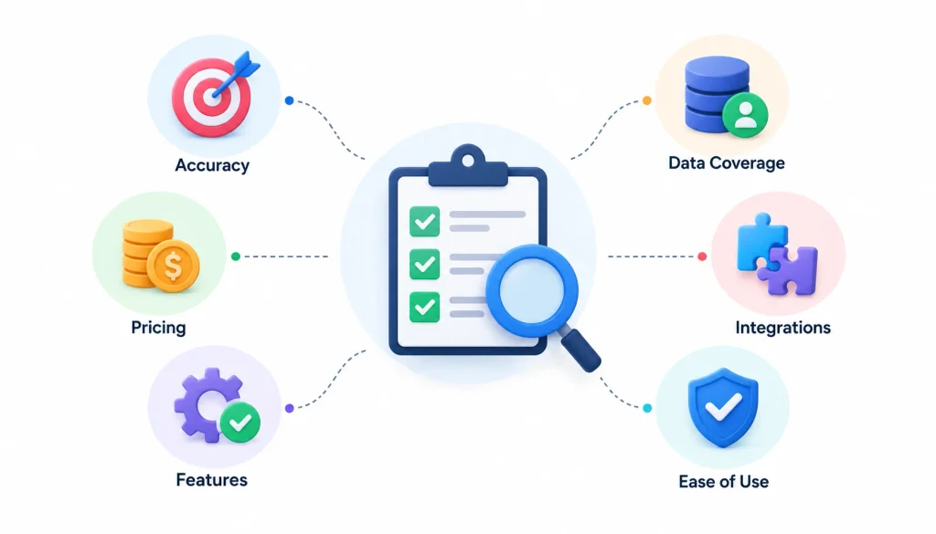 Alt text: Infographic showing six criteria for selecting the best email finder tools: accuracy, pricing, features, data coverage, integrations, and ease of use.
