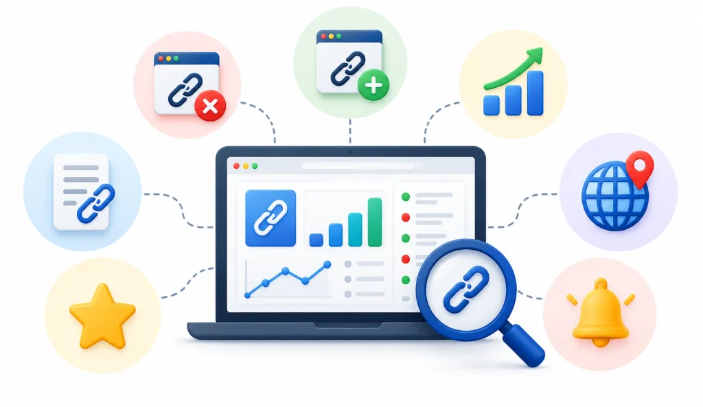 Backlink monitoring tool tracking new and lost backlinks, link quality, referral sources, SEO growth, and backlink alerts.
