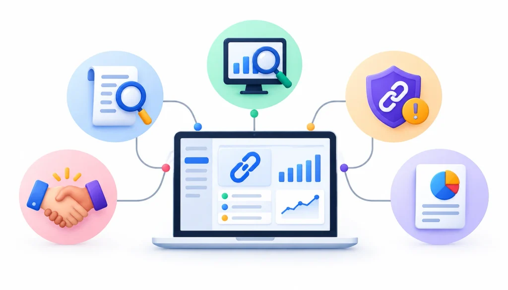 Backlink management software infographic showing an SEO analytics dashboard surrounded by icons for backlink research, link analysis, link quality monitoring, publisher partnerships, and performance reporting.
