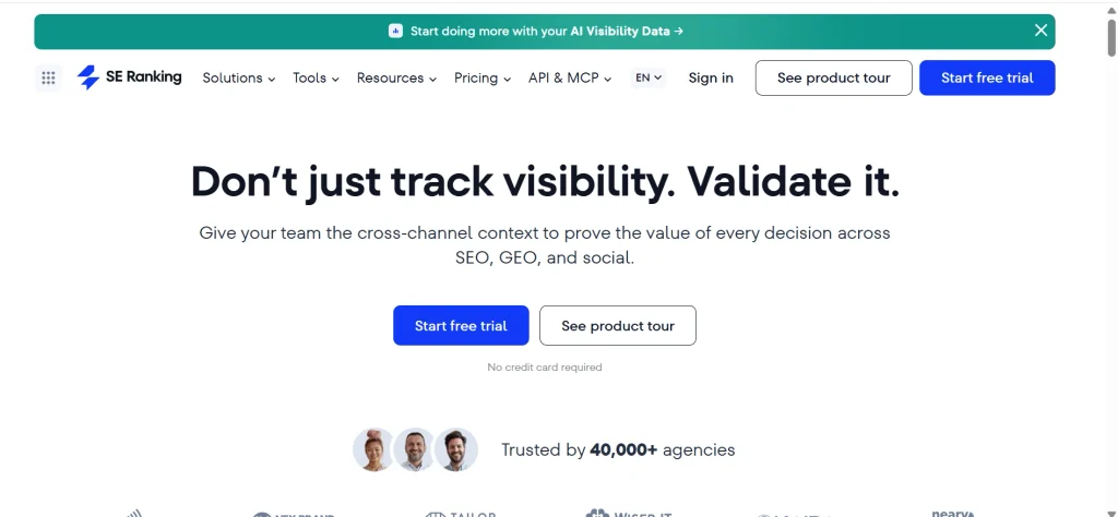 Homepage of SE Ranking