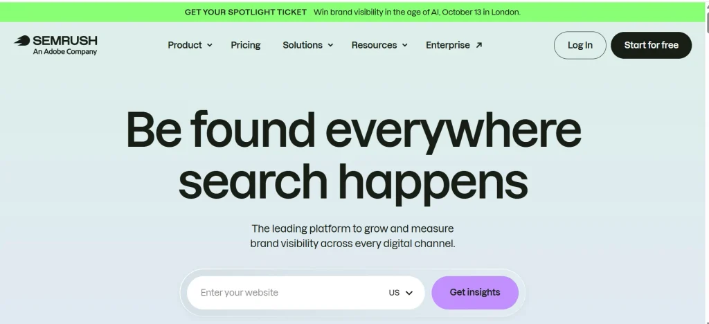 Home page of semrush