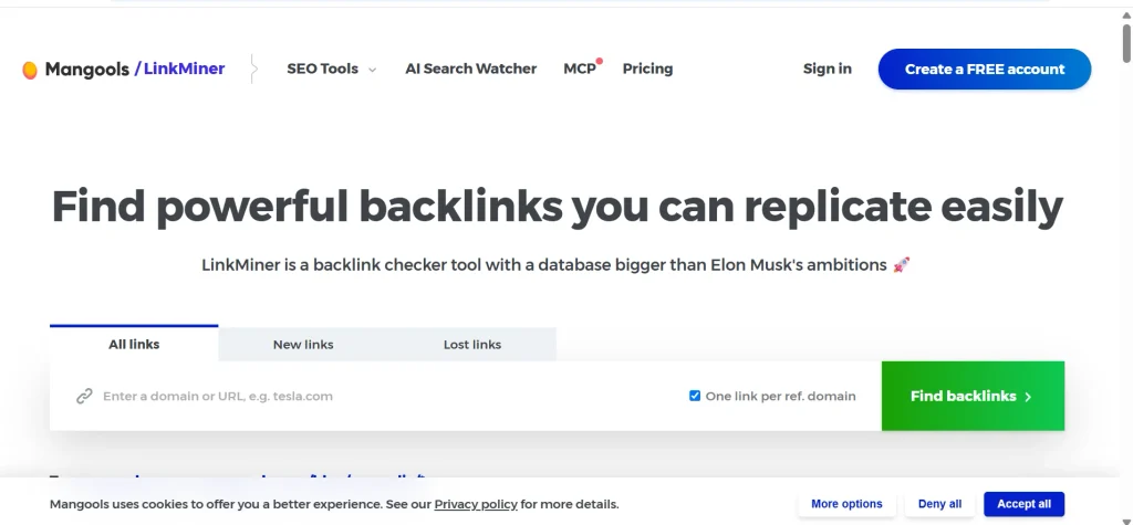 Home page of Mangools LinkMiner